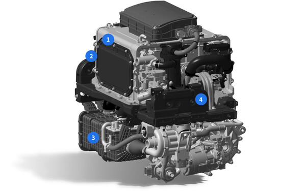 현대자동차 연료전지시스템. ‘1’이라고 적힌 부위가 고가 부품인 연료전지 스택이다. / 사진=HMG저널 캡처