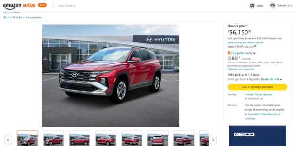 아마존 자동차 온라인 거래 플랫폼 아마존 오토를 통한 현대차 투싼 구매 절차의 화면. / 사진=아마존 오토 캡처