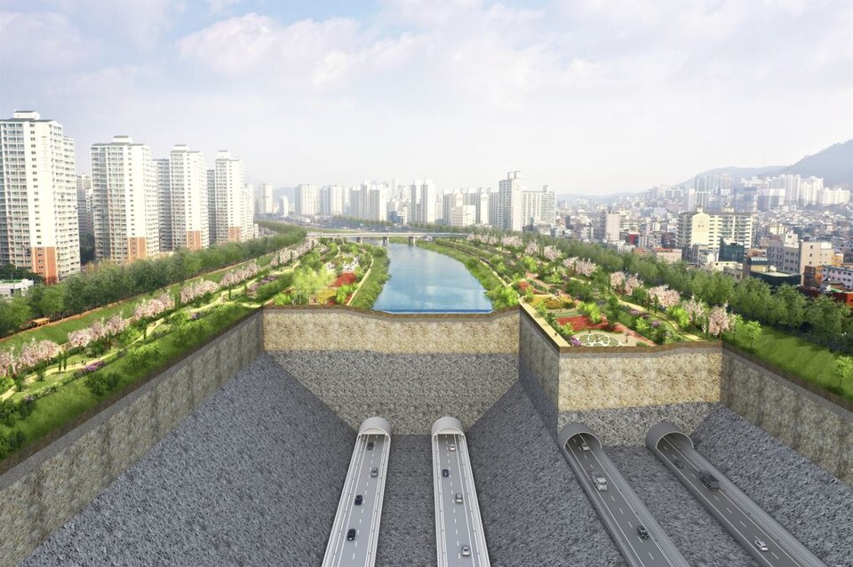 대우건설이 추진중인 동부간선도로 지하화 사업 조감도(중랑천 횡단면) /사진=대우건설