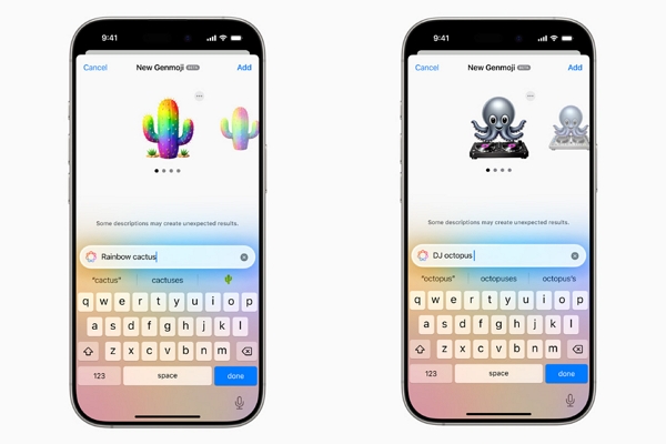애플의 아이폰을 통해 AI 기술을 기반으로 한 이미지 생성 기능으로 이모티콘을 만드는 모습 / 사진=애플