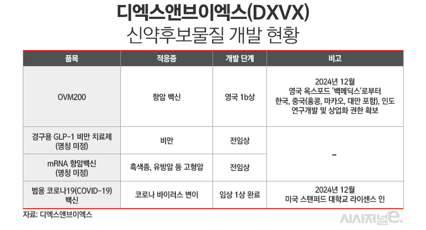 디엑스앤브이엑스 신약후보물질 개발 현황./ 표=정승아 디자이너