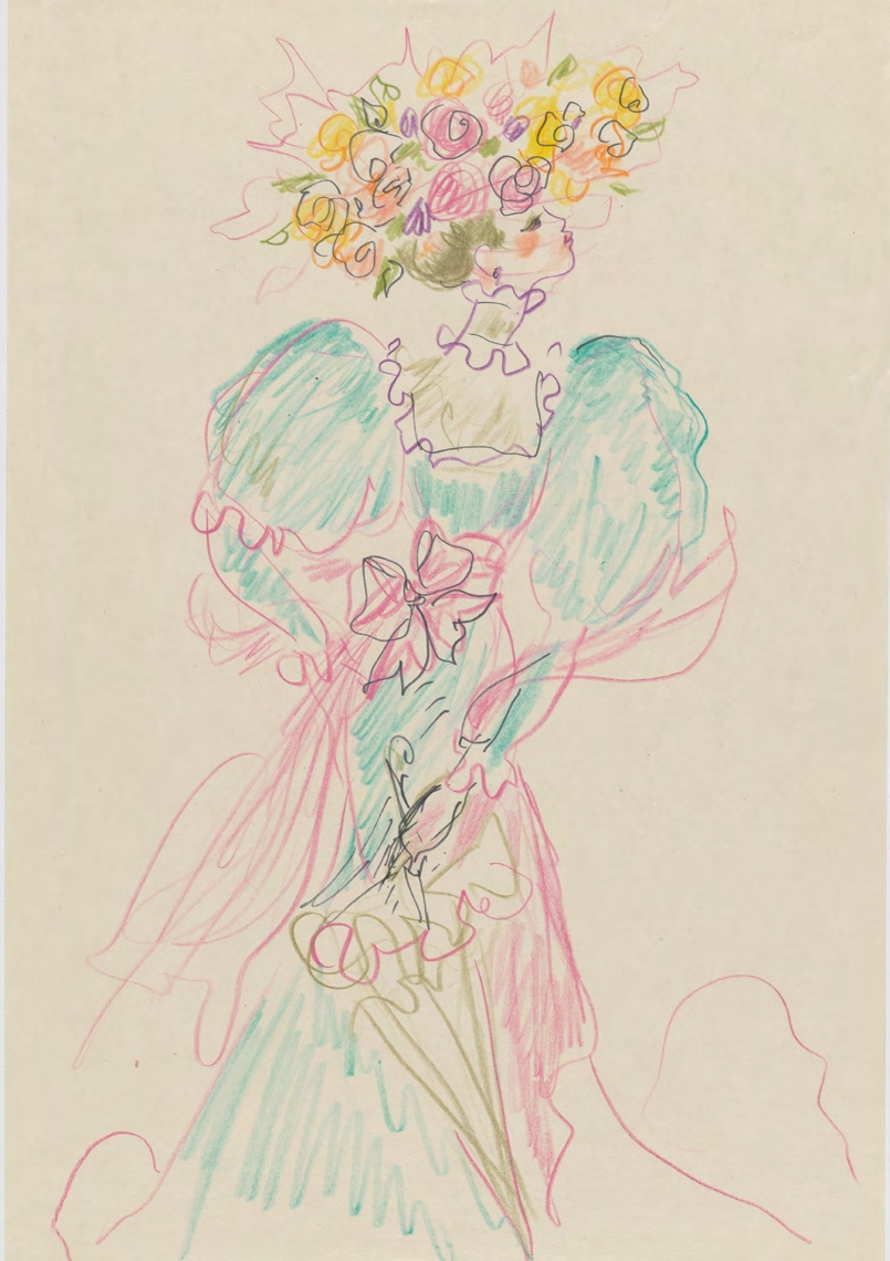 플라워 헤드 드레스를 쓴 여인, 1976. 종이에 색연필 스케치, 30.8 × 21cm