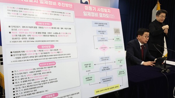 국민권익위원회 유철환 위원장이 지난 24일 서울 종로구 정부서울청사에서 열린 1월 정례 브리핑에서 지난 4년간 실태조사와 정책 연구용역을 거쳐 국무회의에 보고한 미등기의 사정토지의 일제 정비 방안을 브리핑하고 있다. / 사진=연합뉴스