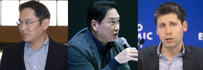 이재용 삼성전자 회장(사진 왼쪽)과 최태원 SK그룹 회장(가운데)이 4일 샘 울트먼 오픈AI CEO를 만나 협력방안을 논의헀다. / 사진 = 연합뉴스