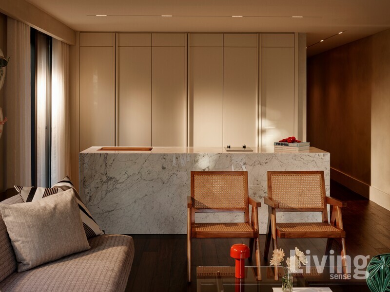 캐비닛과 아일랜드 테이블내부에 냉장고, 식기세척기, 와인 쿨러 등을빌트인 했다. 그 앞에는 까시나의 캐피톨 콤플렉스Capitol Complex 오피스 체어다.