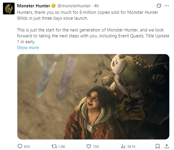 출시 3일 만에 800만장 판매 기록을 세운 '몬스터헌터 와일즈'. /이미지=몬스터헌터 공식 X