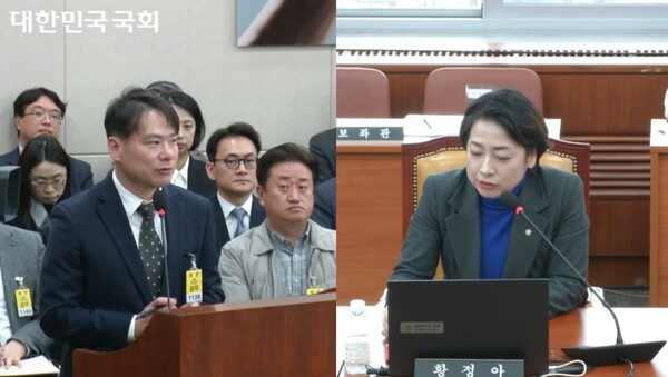 이정규 네이버 서비스운영통합지원총괄 전무가 5일 서울 여의도 국회 과학기술정보방송통신위원회 회의실에서 열린 전체회의에 증인으로 출석해 황정아 더불어민주당 의원의 질의에 답하고 있다. / 사진 = 국회의사중계시스템