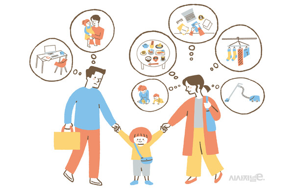 한날한시에 부모가 된 부부. 하지만 아빠는 직장일, 아내가 바쁠 때 아이랑 놀아주기가 전부인 반면 엄마는 회사일, 아이 반찬챙기기, 빨래, 아이 공부, 재우기, 어린이집 준비물 챙기기 등 할 일이 많다. / 그래픽=김은실 디자이너