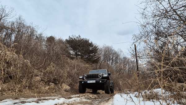랭글러 '41 에디션이 울퉁불퉁한 산길을 오르고 있다. / 영상=최동훈 기자