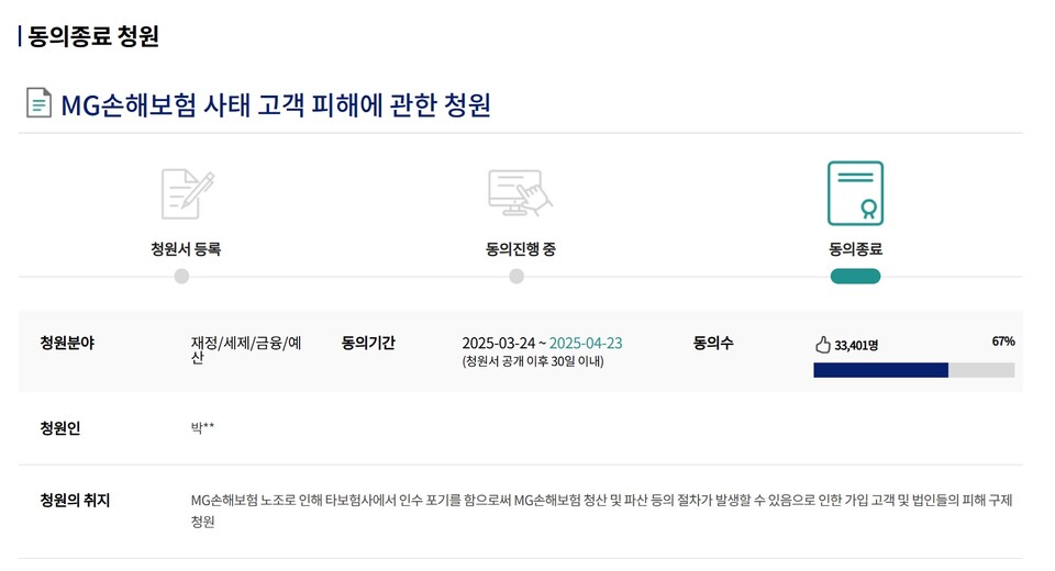 MG손해보험 사태 고객 피해에 관한 청원 / 사진=국회전자청원