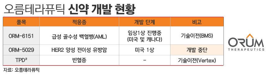 오름테라퓨틱 신약 개발 현황./ 표=정승아 디자이너