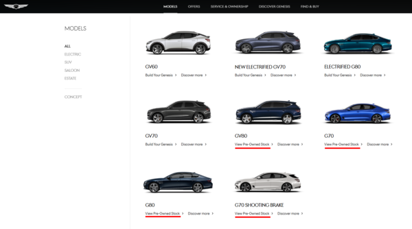 7일(한국시간) 제네시스 영국법인 공식 홈페이지에 게재된 신차 소개 화면. GV80, G70 등 일부 모델은 신차 판매되지 않고 중고 매물을 소개하는 링크(빨강 밑줄)로 안내되고 있다. / 사진=제네시스 영국법인 공식 홈페이지 캡처