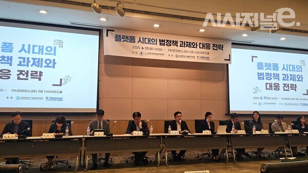 한국데이터법정책학회가 17일 서울 영등포구 FKI컨퍼런스센터에서 ‘플랫폼 시대의 법정책 과제와 대응 전략’을 주제로 개최한 세미나에서 참석자들이 토론하고 있다. / 사진 = 김용수 기자