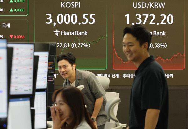 이날 오전 10시 45분 현재 코스피는 전날보다 0.76% 오른 3000.46을 기록했다. 지수가 장중 3000선을 넘은 것은 지난 2022년 1월 3일(장중 3010.77) 이후 처음이다. / 사진=연합뉴스.