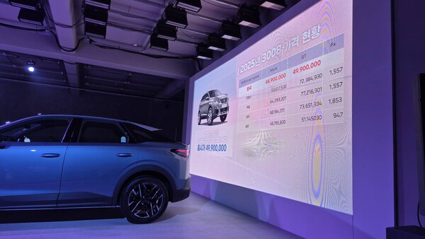 3008 하이브리드의 글로벌 가격을 비교한 표가 스크린에 표시되고 있다. 3008 하이브리드의 국내 최저가 4425만원은 프랑스 5962만원, 독일 6430만원, 영국 6816만원, 일본 4620만원에 비해 크게 낮은 것으로 분석된다. / 사진=최동훈 기자