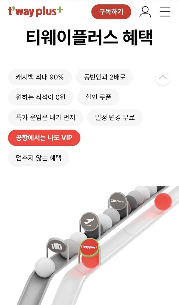 티웨이항공 앱에 티웨이 플러스 혜택을 소개하는 화면이 표시되고 있다. / 사진=티웨이항공 앱 캡처