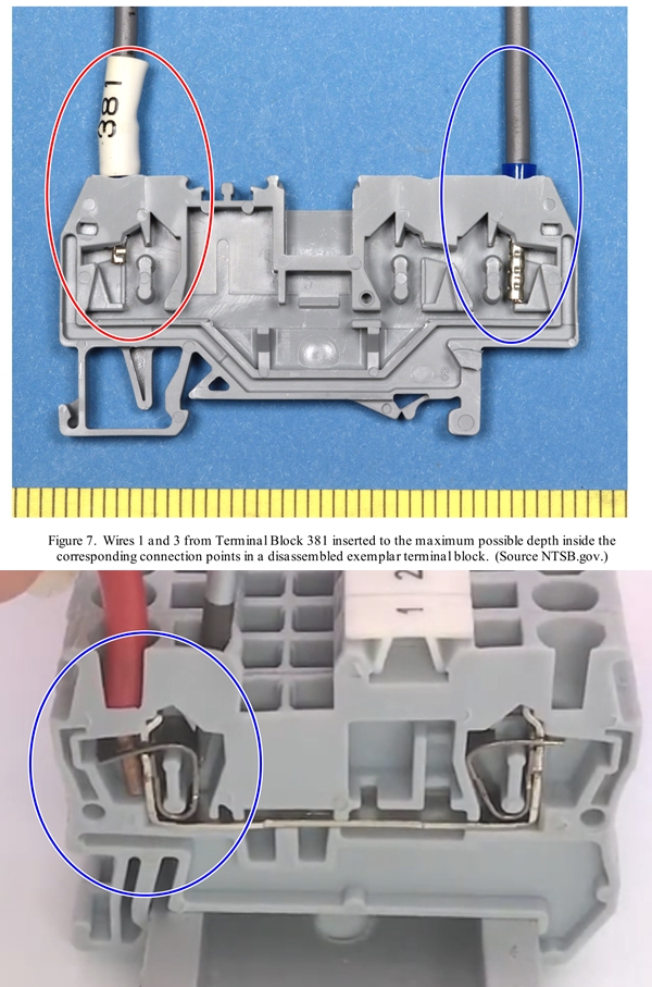 단자 블록 내부 와이어 삽입 상태를 보여주는 비교 이미지. NTSB 보고서에 수록된 DALI호 실제 부품 분석 결과(위)와 유사 구조의 예시(아래).  / 사진=미국 펜실베이니아 동부지방법원 제출 소장 갈무리(위). 유튜브(아래)
