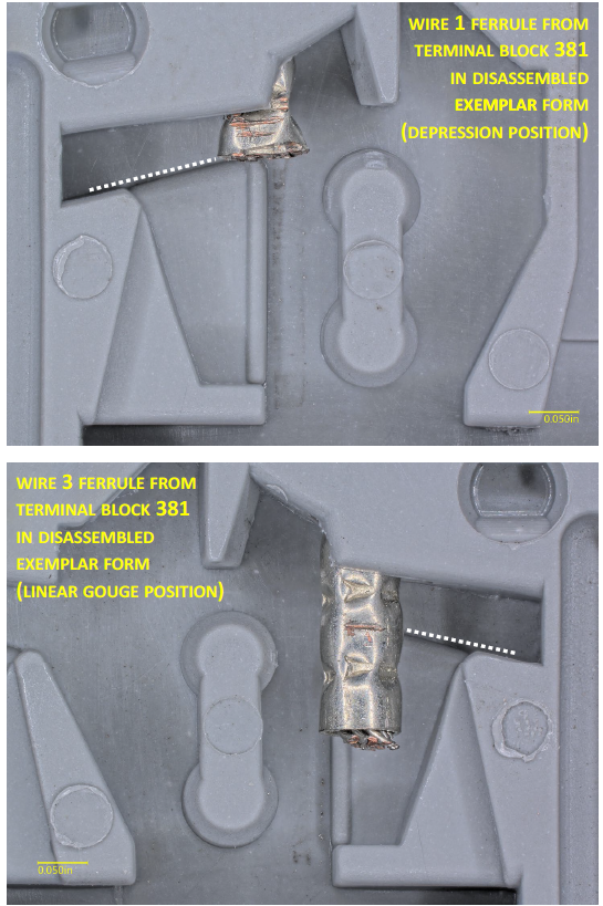 신호선 접촉 흔적의 비교.위는 1번 신호선이 단자 블록에 비정상적으로 삽입된 사례로, 접점부가 눌린(depression) 자국만 남아 있음.아래는 정상 삽입된 3번 신호선으로, 금속 접촉 흔적이 선명한 선형 긁힘(linear gouge) 형태로 남아 있음.NTSB는 이 차이를 근거로 1번 신호선의 접점 불량 가능성을 판단했음./ 사진 = 미국 국가교통안전위원회(NTSB) 사고조사 보고서.