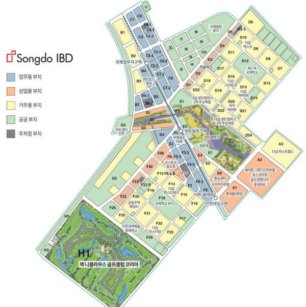 송도국제신도시 개발현황. 부지의 상당수가 공동주택 등 거주용 부지이고 업무,상업용 부지는 비중이 적음에도 개발률이 50%에 미치지 못한다. / 자료=송도국제도시개발유한회사(NSIC)