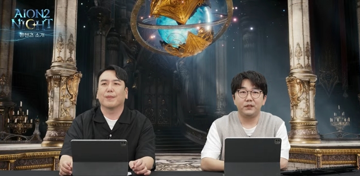 김남준 개발PD(우측)가 소인섭 사업실장과 방송을 통해 아이온2 콘텐츠를 시연했다. / 이미지='아이온투나잇' 방송