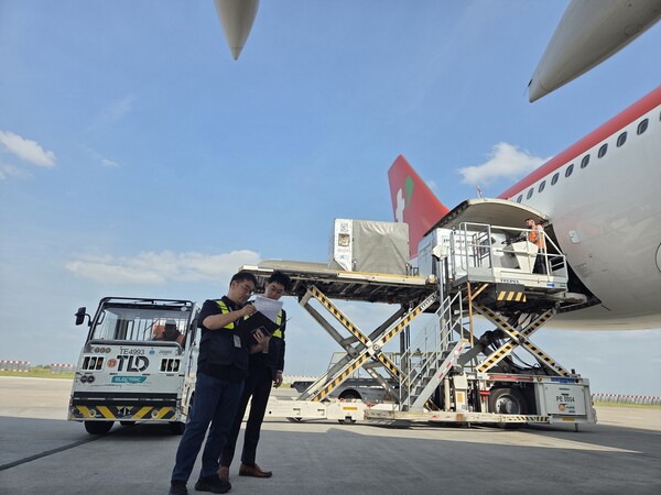 티웨이항공 관계자들이 로마 피우미치노 레오나르도 다 빈치 공항에서 탑재 작업 이행 등 철저한 여객·화물 현장 점검을 진행하고 있다. / 사진=티웨이항공