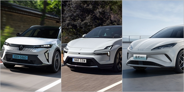 국내 자동차 업체들이 최근 판매 개시한 수입 전기차 모델들. 왼쪽부터 르노 세닉 E-테크 100% 일렉트릭, 폴스타 폴스타4, BYD 씰. / 사진=각 사