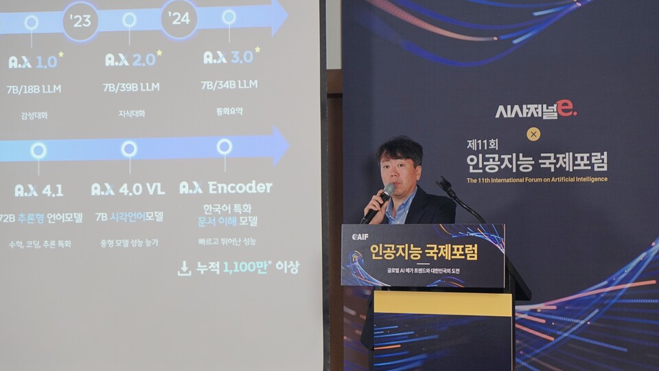 김태윤 SKT 파운데이션모델담당 부사장이 18일 서울 용산구 그랜드 하얏트 호텔 서울에서 강연하고 있다. / 사진=시사저널e