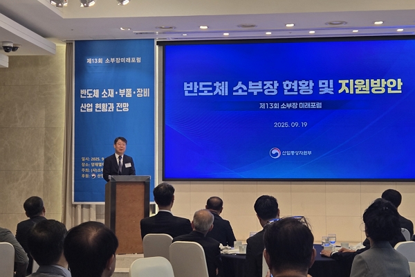 최우혁 산업통상자원부 첨단산업정책관(국장)이 19일 양재에서 개최한 소부장미래포럼에서 발표하고 있다. / 사진=고명훈 기자