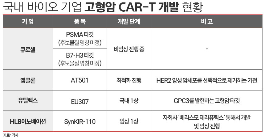 국내 바이오 기업 고형암 타깃 CAR-T 치료제 개발 현황./ 표=김은실 디자이너