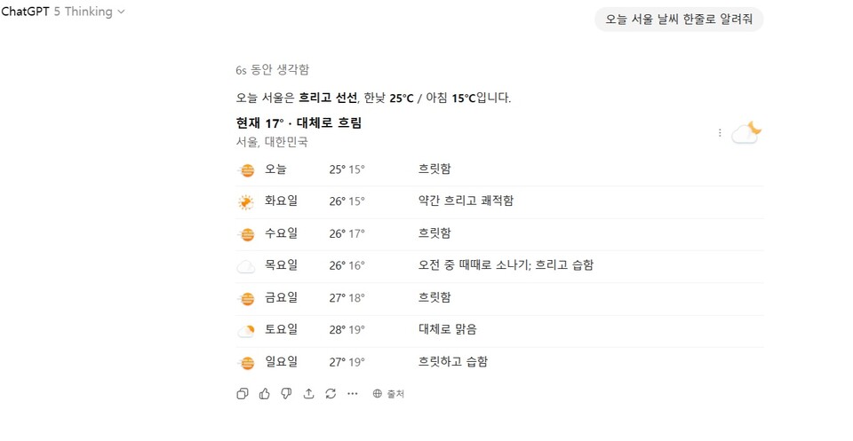 그 날의 날씨도 물어볼 수 있다. 오늘 날씨를 한줄로 알려달라고 했지만 한주의 날씨를 모두 표현했다. 챗GPT는 가끔  자신만의 방식을고집하기도 한다. 