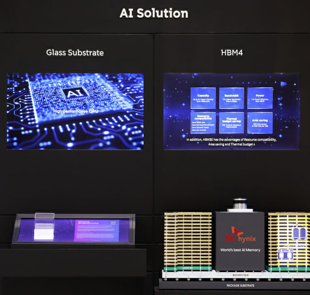 AI 데이터센터에 필요한 SK그룹 AI 생태계 핵심 제품 SKC ‘유리기판(SKC)’과 SK하이닉스 ‘고대역폭메모리4(HBM4)’ / 사진=SK그룹)