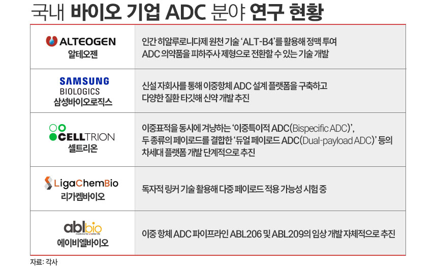 국내 바이오 기업 ADC 분야 연구 현황./ 표=김은실 디자이너