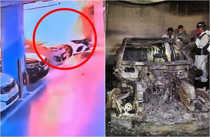 지난해 8월 인천의 한 아파트 지하주차창에서 발생한 벤츠 EQE350+ 전기차 화재 장면과 감식 모습. / 사진=연합뉴스