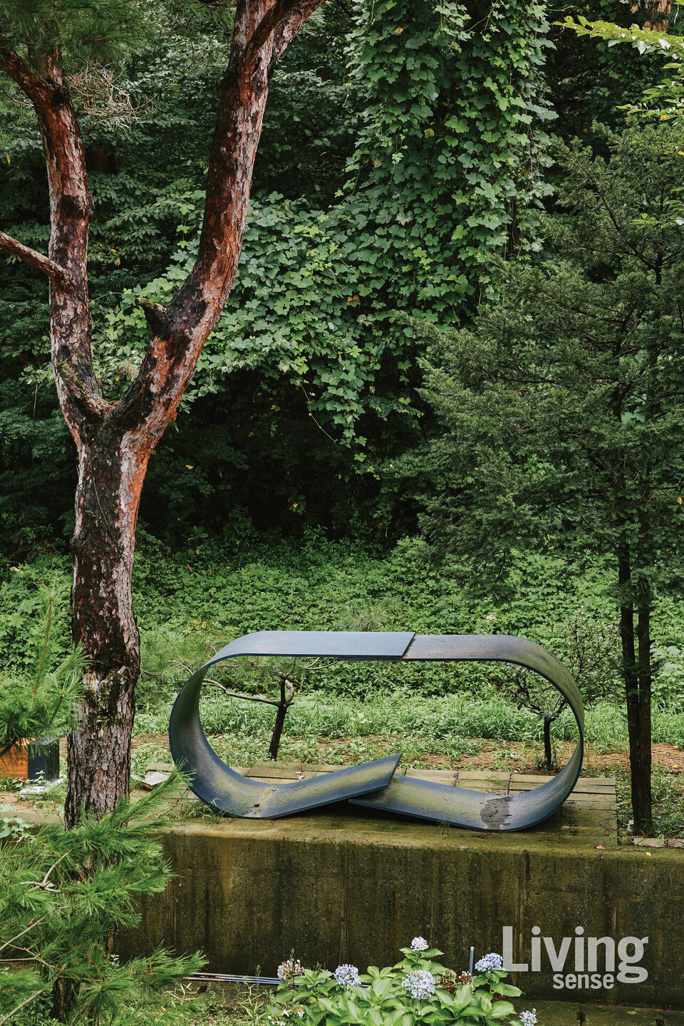 숲속에 있는 작업실 곳곳에 작가의 작품이 설치되어 있다. 