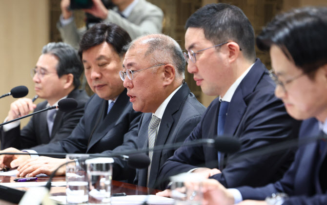 정의선 현대자동차 그룹 회장이 16일 용산 대통령실에서 열린 한미 관세협상 후속 민관 합동회의에서 발언하고 있다. 왼쪽부터 김용범 정책실장, 서정진 셀트리온 회장, 정의선 현대자동차 그룹 회장, 구광모 LG그룹 회장, 김정관 산업부 장관. / 사진=연합뉴스