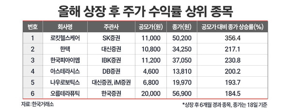 올해 상장 후 주가 수익률 상위 종목과 IPO 주관사를 정리한 표. / 그래픽=정승아 디자이너