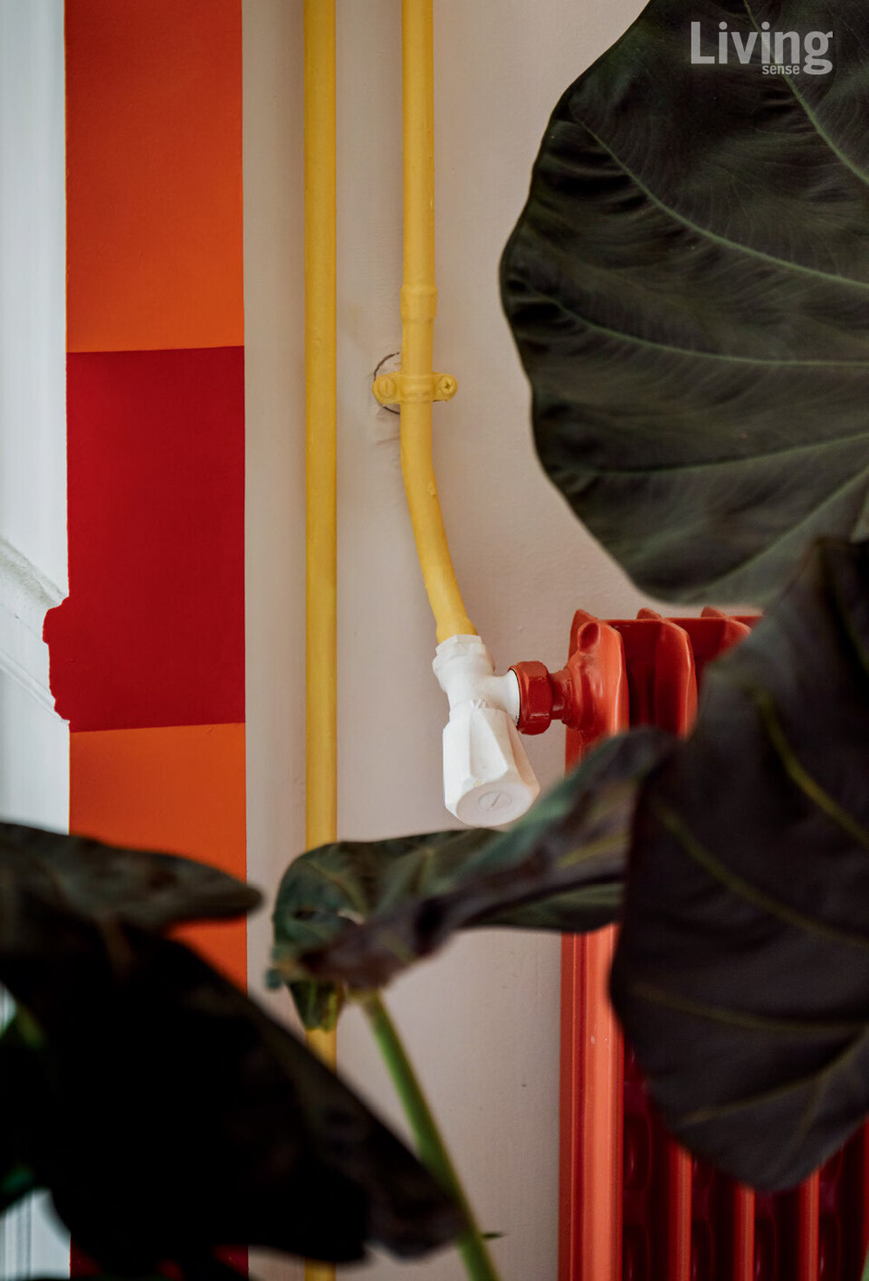 거실과 주방을 구분하는 벽체의 절단면, 라디에이터와 배관 역시 선명히 채색해 재기 발랄한 분위기를 더했다.