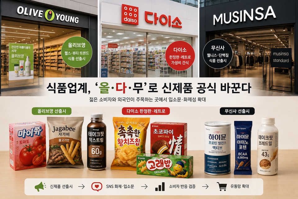 올리브영, 다이소, 무신사 등 젊은 소비자와 외국인이 머무르는 곳에서 런칭하는 신제품 공식.